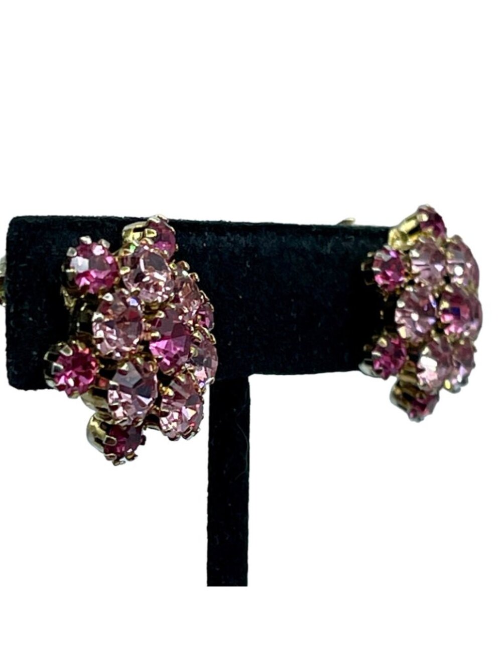 Pink Rhinestone Earrings Two Toned Prong Set Cluster Vintage Clip On Gold Tone - Picture 3 of 16
